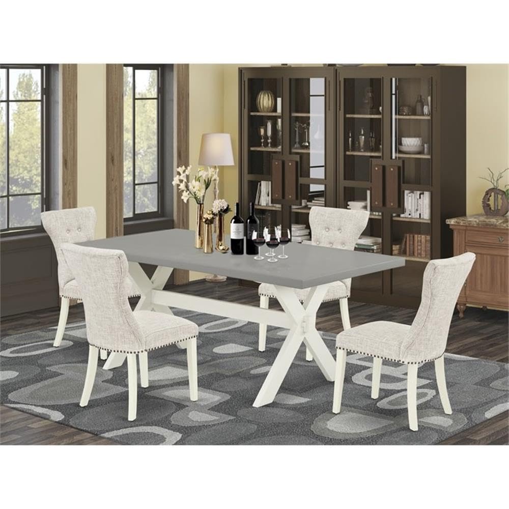 East West Furniture X097Ga235-5 5 Piece Modern Dining Table Set Includes A Rectangle Wooden Table With X-Legs And 4 Doeskin Linen Fabric Upholstered Chairs, 40X72 Inch, Multi-Color